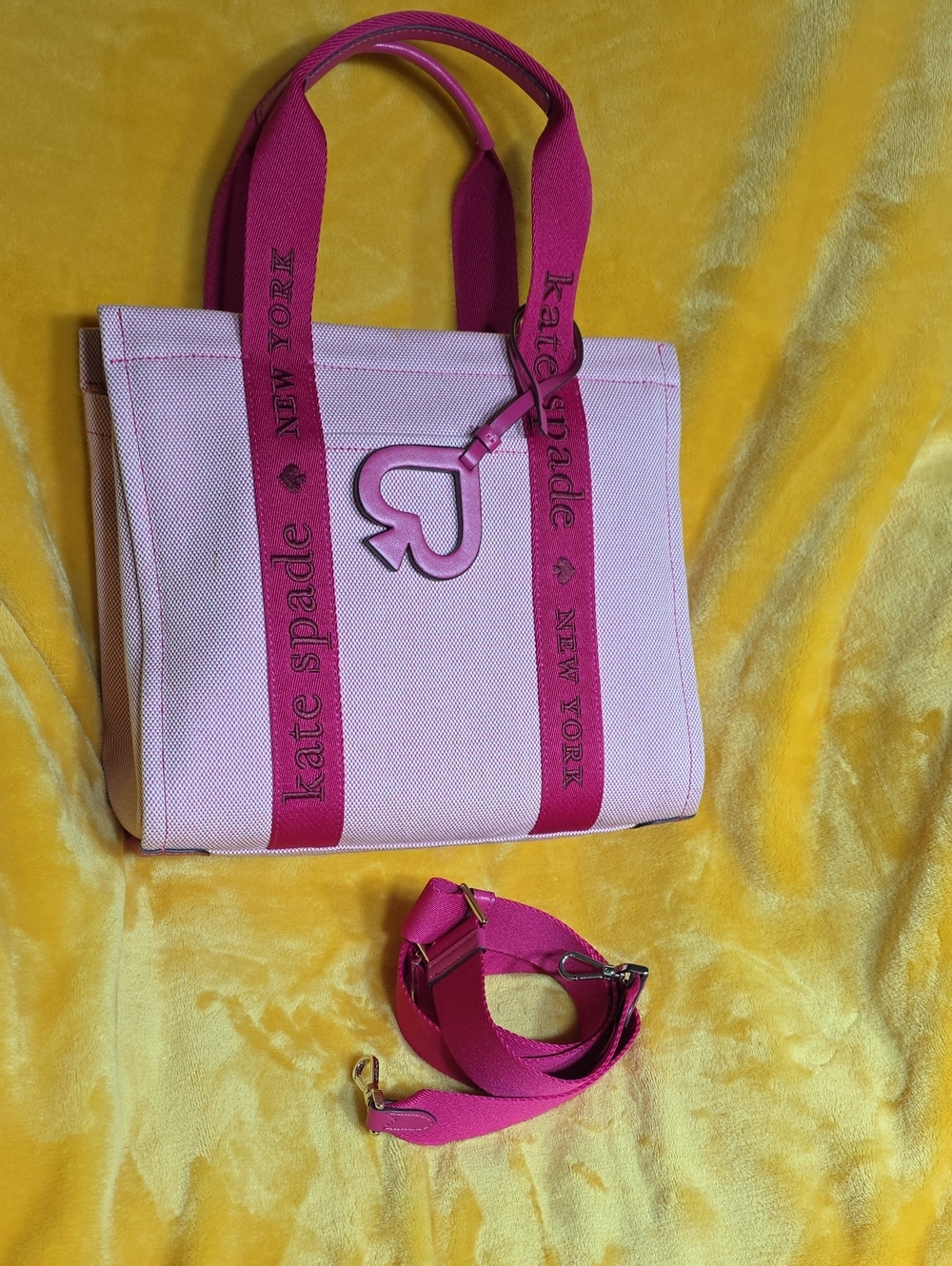 Authentic Kate Spade Pink Canvas Tote with Hot Pink Straps and Heart Charm